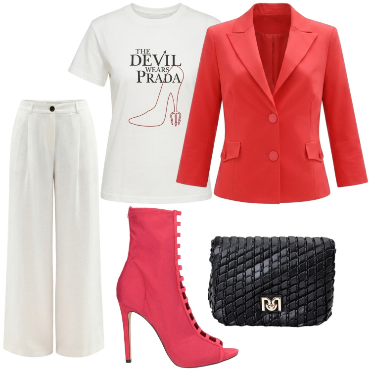 Outfit donna - Rinascimento - Eleganza d’estate. Stile Minimal per Cerimonia. Abbinamento con stivaletti, pantaloni a palazzo, blazer, borse a tracolla, t-shirt.