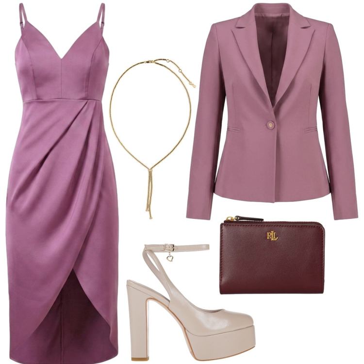 Outfit donna - Rinascimento - Eleganza d’estate. Stile Chic per Cerimonia. Abbinamento con décolleté, collane, portafogli, vestiti asimmetrici, blazer.