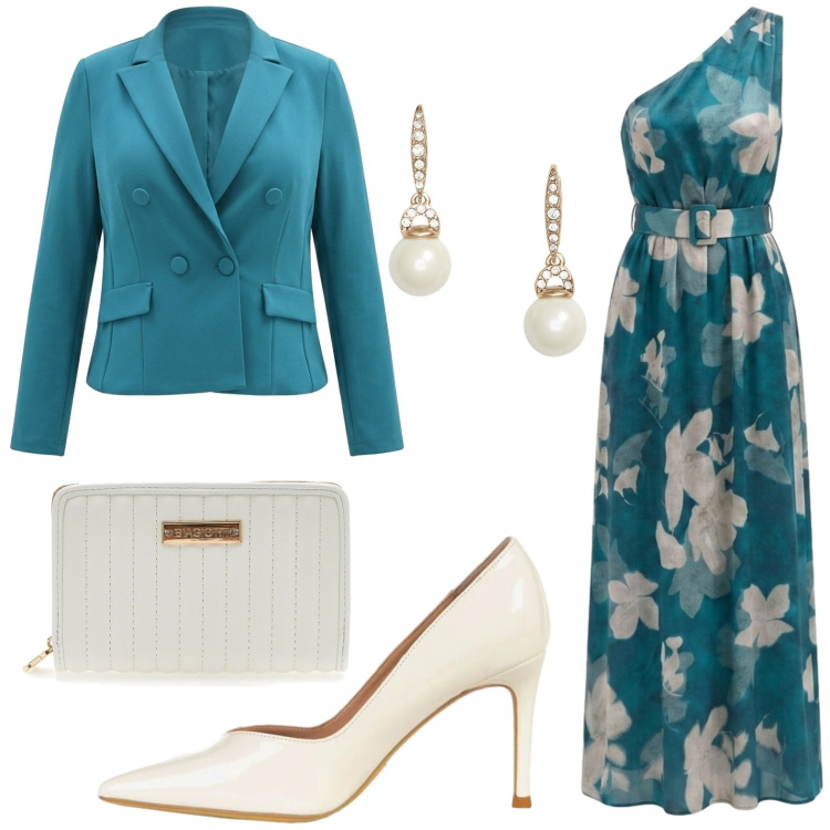 Outfit donna - Rinascimento - Eleganza d’estate. Stile Chic per Cerimonia. Abbinamento con orecchini, vestiti lunghi, blazer, décolleté, portafogli.