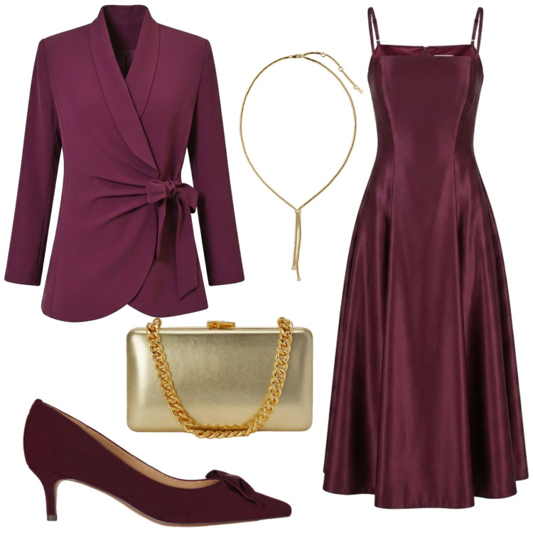 Outfit donna - Rinascimento - Eleganza d’estate. Stile Chic per Cerimonia. Abbinamento con clutch, collane, décolleté, blazer, vestiti midi/longuette.