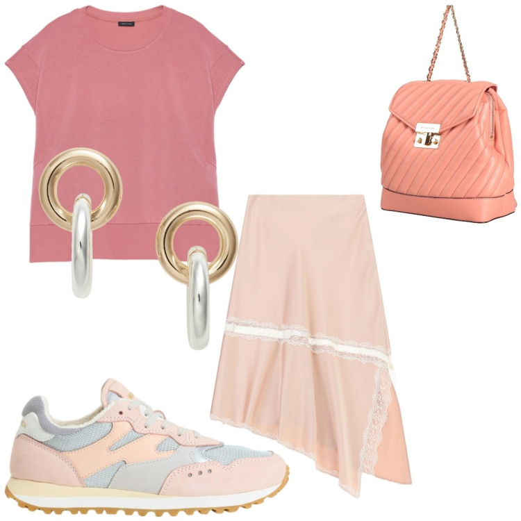 Outfit donna - Aperitivo al tramonto. Stile Trendy per Serata fuori. Abbinamento con zaini, gonne longuette, felpe, sneakers, orecchini.