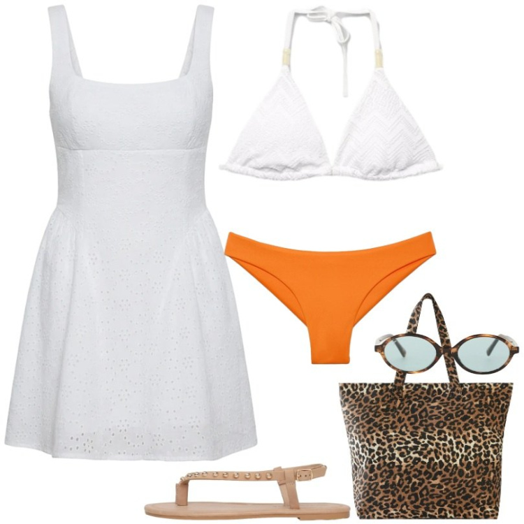 Outfit donna - Sotto l\'ombrellone. Stile Casual per Mare. Abbinamento con shopping bag, vestiti corti, ciabatte, bikini, bikini, occhiali da sole.