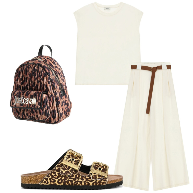 Outfit donna - Colors of California. Stile Casual chic per Tutti i giorni. Abbinamento con zaini, top, pantaloni a palazzo, sandali in pelle.