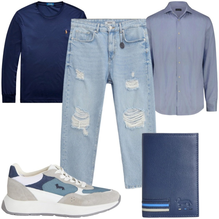 Outfit uomo - Total look #2433085. Stile Casual per Tutti i giorni. Abbinamento con sneakers, portafogli, t-shirt, camicie, jeans strappati.