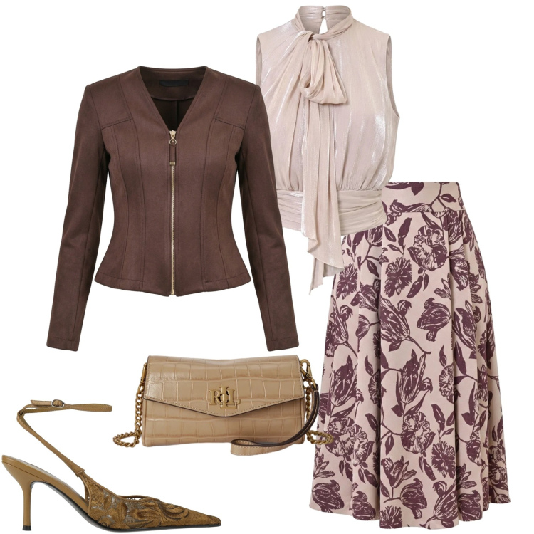 Outfit donna - Rinascimento. Stile Chic per Cerimonia. Abbinamento con décolleté, portafogli, top, blazer, gonne longuette.