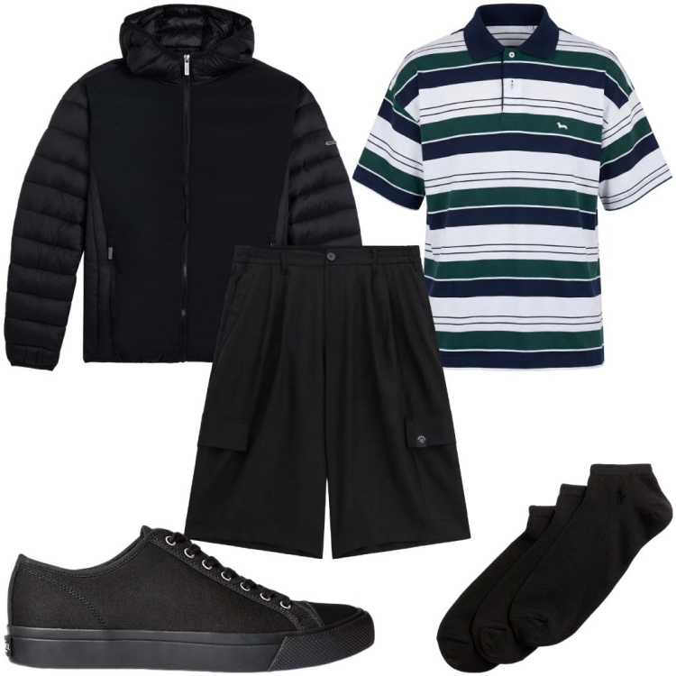 Outfit uomo - Total look #2433101. Stile Trendy per Tutti i giorni. Abbinamento con polo, piumini, calzini, sneakers, bermuda.