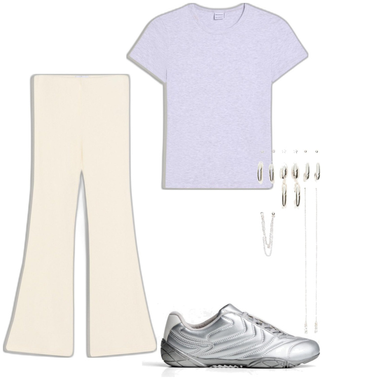 Outfit mujer - Casual look. Estilo Casual para Todos los días. Combinación con sneakers, camiseta, pantalones, pendientes.