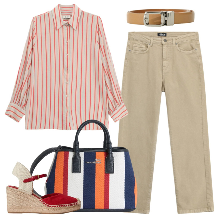 Outfit donna - Rosso e beige. Stile Casual per Tutti i giorni. Abbinamento con shopping bag, cinture, camicie, jeans dritti, zeppe.