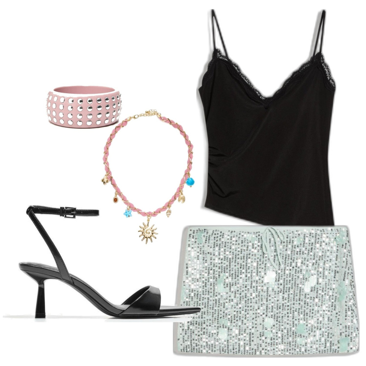 Outfit mujer - Chic outfit. Estilo Chic para Noche/Fiesta elegante. Combinación con sandalias de tacón, top, pulseras, collares, faldas.