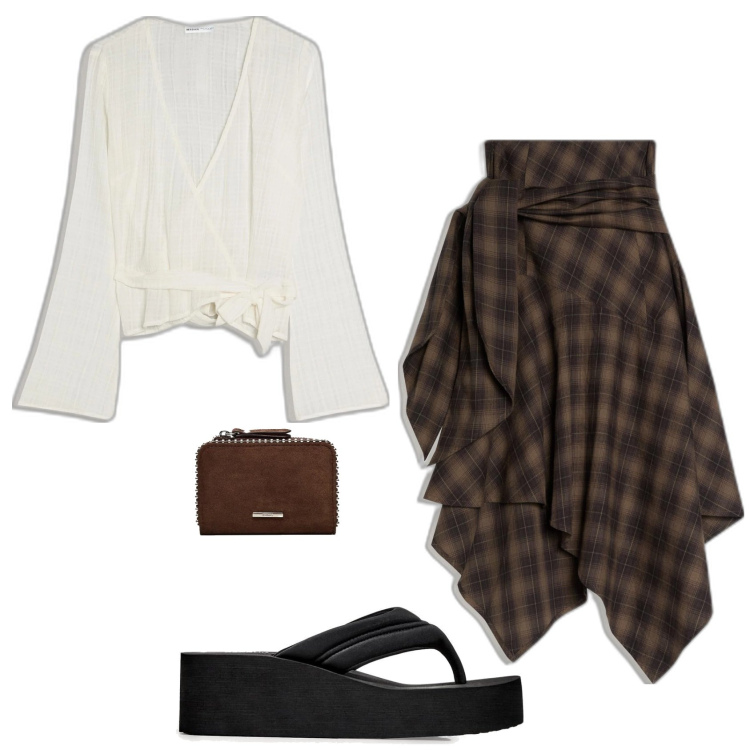 Outfit mujer - Trendy look. Estilo Trendy para Todos los días. Combinación con sandalias, falda longuette, blusas, monederos.