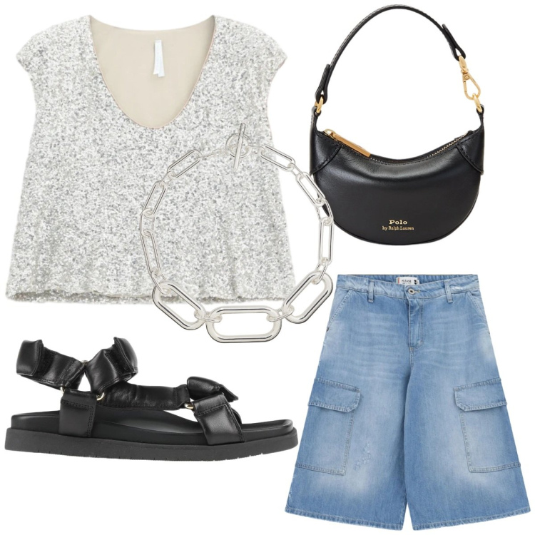 Outfit donna - Aperitivo al tramonto. Stile Casual chic per Serata fuori. Abbinamento con sandali, top, bermuda, portafogli, collane.