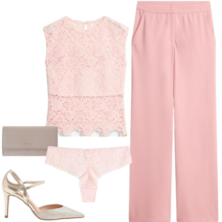 Outfit donna - Romantica cerimonia estiva. Stile Romantica per Cerimonia. Abbinamento con top, pantaloni, culotte, décolleté, portafogli.