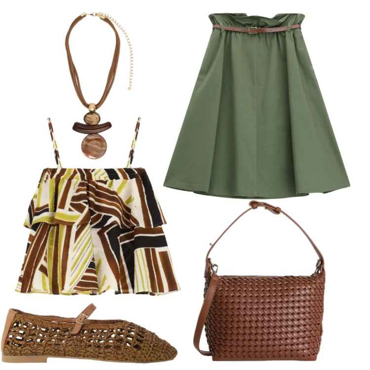 Outfit donna - Total look #2433112. Stile Casual chic per Serata fuori. Abbinamento con borse a spalla, gonne longuette, top, ballerine, ciondoli.