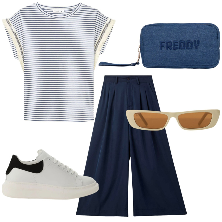 Outfit donna - Total look #2433113. Stile Sporty chic per Tutti i giorni. Abbinamento con pantaloni, t-shirt, sneakers, occhiali da sole, pochette.