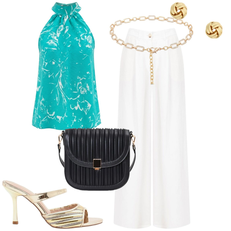 Outfit donna - Rinascimento estate. Stile Chic per Cerimonia. Abbinamento con top, sabot, cinture, pantaloni a palazzo, borse a tracolla, orecchini.