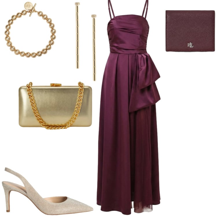 Outfit donna - Rinascimento. Stile Glamour per Cerimonia. Abbinamento con décolleté, braccialetti, portafogli, orecchini, clutch, vestiti lunghi.