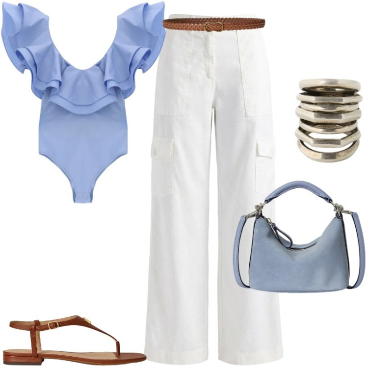Outfit donna - In centro città. Stile Urban per Tutti i giorni. Abbinamento con pantaloni cargo, top, sandali in pelle, cinture, borse a spalla, anelli.