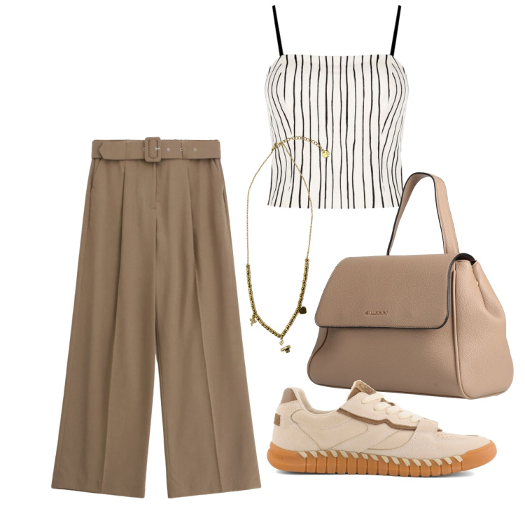 Outfit donna - Luglio. Stile Casual chic per Tutti i giorni. Abbinamento con zaini, ciondoli, pantaloni a palazzo, canottiere, sneakers.