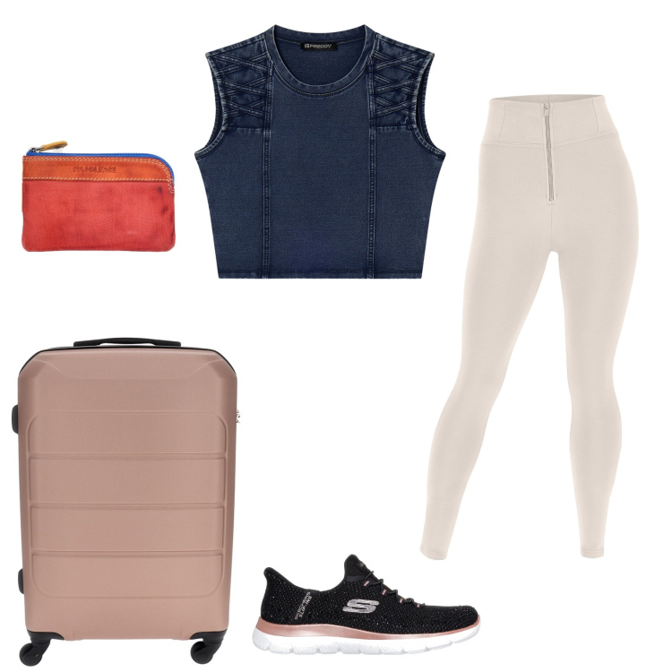 Outfit donna - Iniziano le vacanze. Stile Sporty chic per Tutti i giorni. Abbinamento con top, pantaloni skinny, sneakers, portachiavi, valigie.