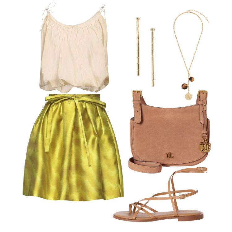 Outfit donna - Luglio. Stile Trendy per Tutti i giorni. Abbinamento con minigonne, top, sandali in pelle, orecchini, collane, borse a tracolla.