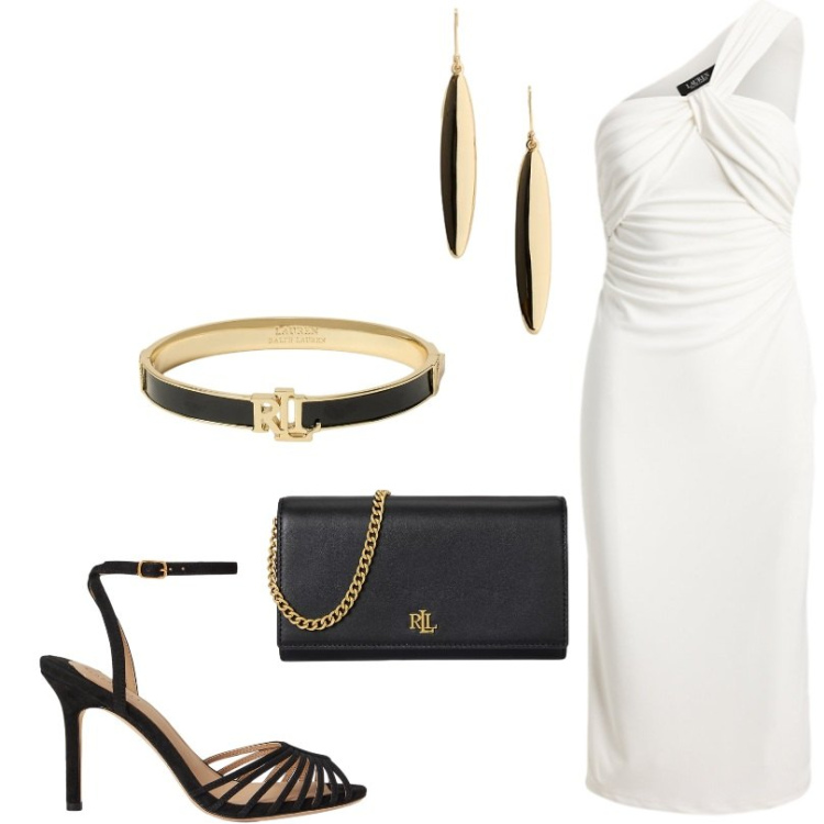 Outfit donna - Abito da cocktail. Stile Chic per Serata fuori. Abbinamento con vestiti asimmetrici, borse a tracolla, braccialetti, sandali col tacco, orecchini.
