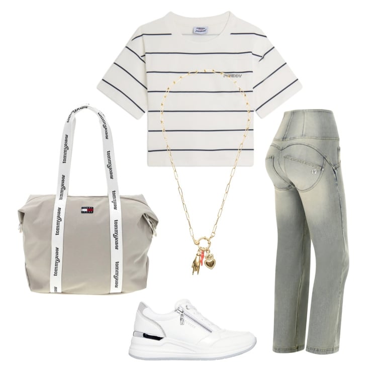 Outfit donna - Total look #2433133. Stile Casual per Tutti i giorni. Abbinamento con jeans, ciondoli, t-shirt, sneakers alte, shopping bag.