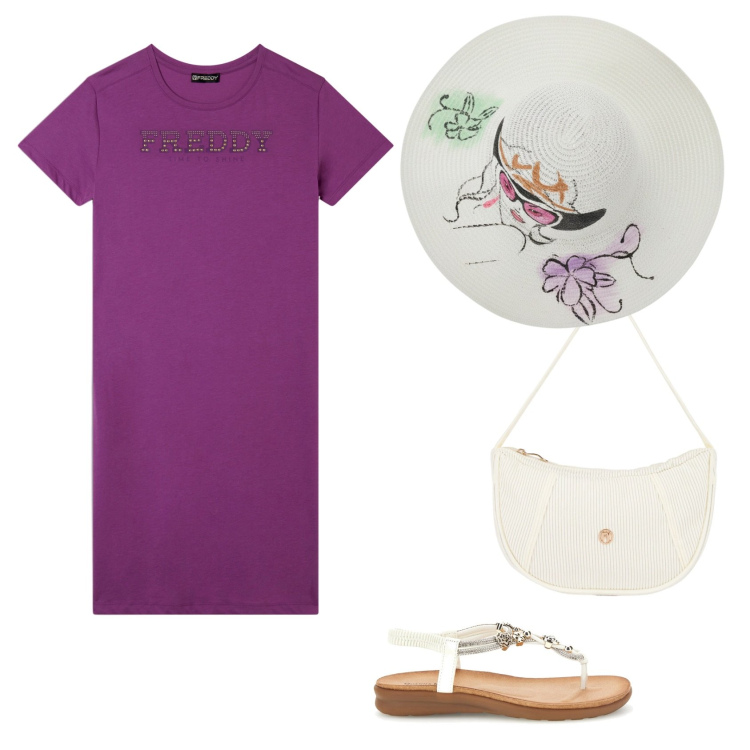 Outfit donna - Total look #2433135. Stile Casual per Tutti i giorni. Abbinamento con vestiti, borse a mano, ciabatte, cappelli.