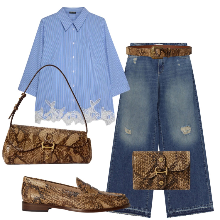 Outfit donna - Total look #2433136. Stile Trendy per Ufficio. Abbinamento con jeans dritti, camicie, portafogli, borse a tracolla, cinture, mocassini.