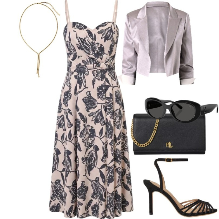 Outfit donna - Femminilità contemporanea. Stile Chic per Cerimonia. Abbinamento con bolero, vestiti midi/longuette, occhiali da sole, borse a tracolla, sandali col tacco, collane.