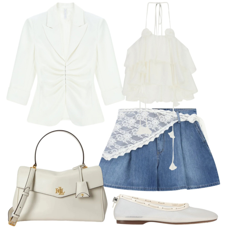 Outfit donna - Total look #2433138. Stile Preppy per Ufficio. Abbinamento con ballerine, borse a mano, shorts, blazer, top.