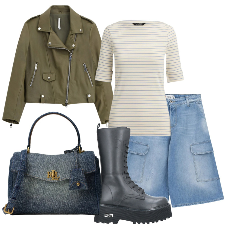 Outfit donna - Total look #2433139. Stile Rock per Tutti i giorni. Abbinamento con stivali, giacche, bermuda, t-shirt, borse a mano.