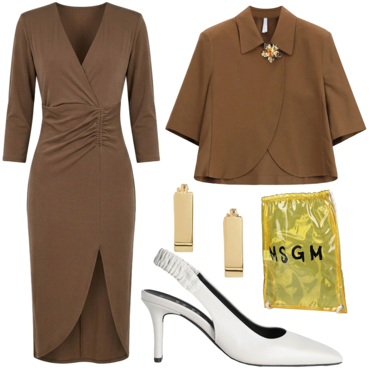 Outfit donna - Eleganza calda. Stile Chic per Cerimonia. Abbinamento con zaini, décolleté, blazer, vestiti asimmetrici, orecchini.