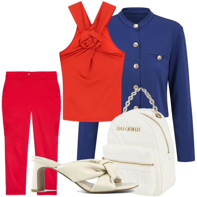 Outfit donna - Abbinamento deciso. Stile Casual per Ufficio. Abbinamento con zaini, canottiere, cardigans, pantaloni, sandali col tacco.
