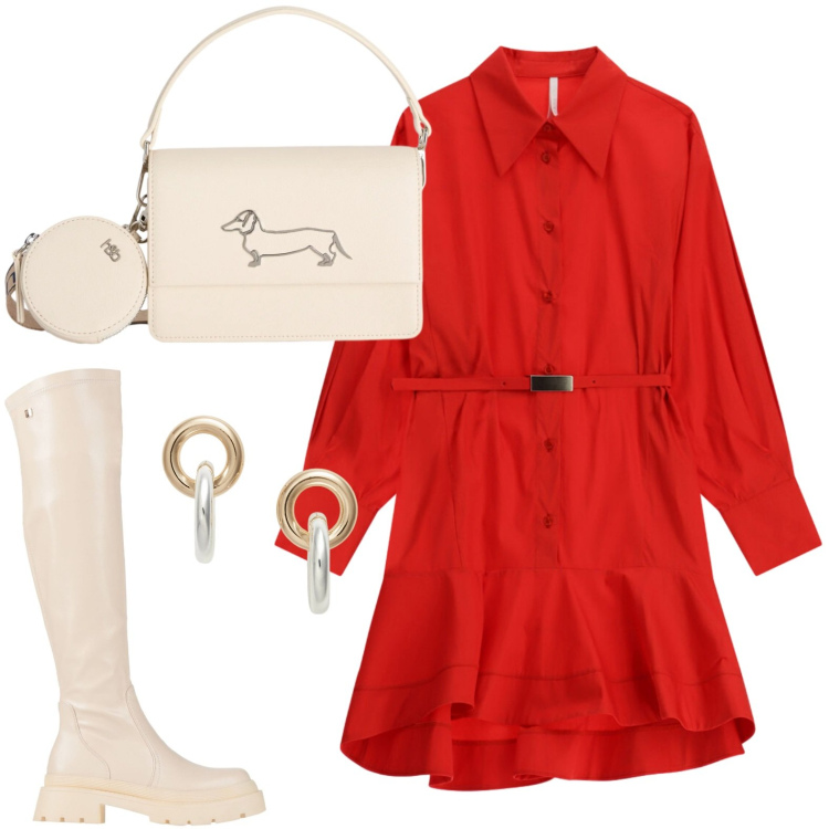 Outfit donna - Tonalità intensa. Stile Casual per Tutti i giorni. Abbinamento con stivali, borse a tracolla, vestiti corti, orecchini.
