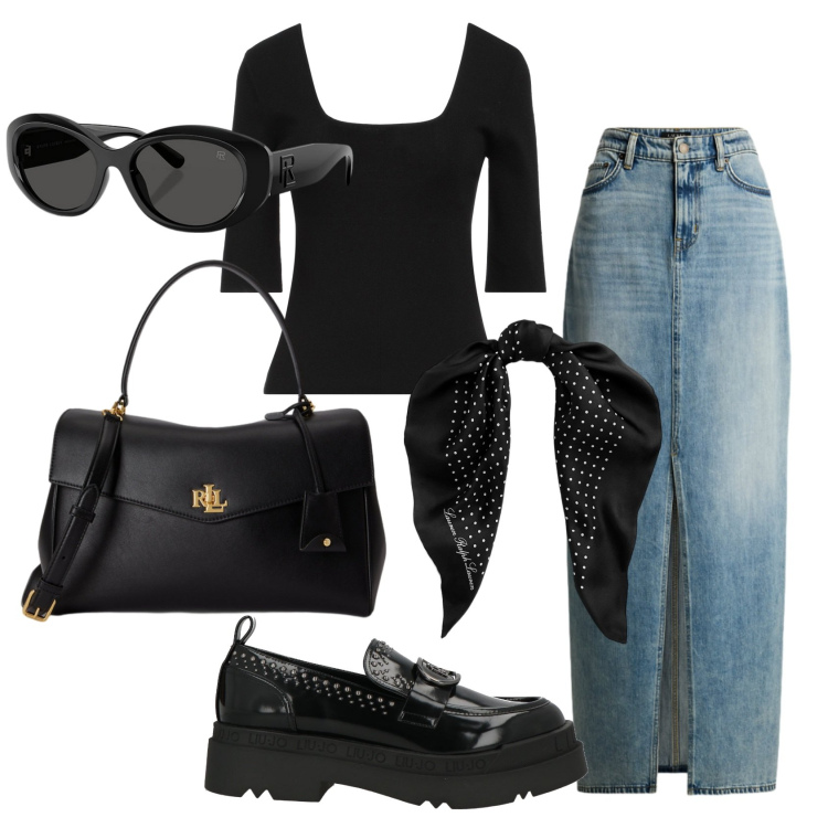 Outfit donna - Total look #2433149. Stile Vintage retrò per Ufficio. Abbinamento con mocassini, pullovers, foulard, occhiali da sole, borse a mano, gonne lunghe.