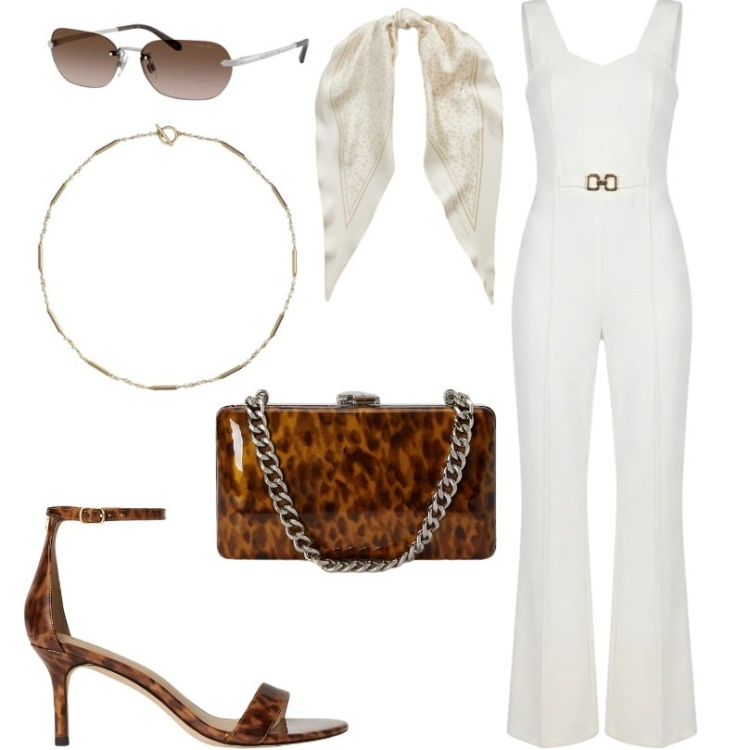 Outfit donna - Total look #2433155. Stile Chic per Tutti i giorni. Abbinamento con tute, sandali in pelle, foulard, clutch, collane, occhiali da sole.