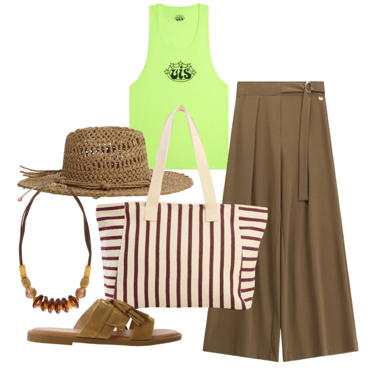 Outfit donna - Luglio. Stile Trendy per Tutti i giorni. Abbinamento con shopping bag, pantaloni a palazzo, cappelli, sandali, collane, canottiere.