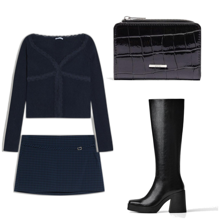 Outfit mujer - Casual #6185. Estilo Casual para Todos los días. Combinación con monederos, botas, faldas, camiseta.