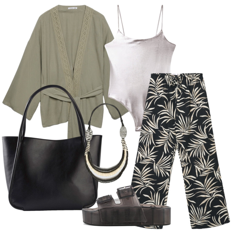Outfit donna - Luglio. Stile Trendy per Tutti i giorni. Abbinamento con shopping bag, pantaloni, body, kimono, collane, sandali.