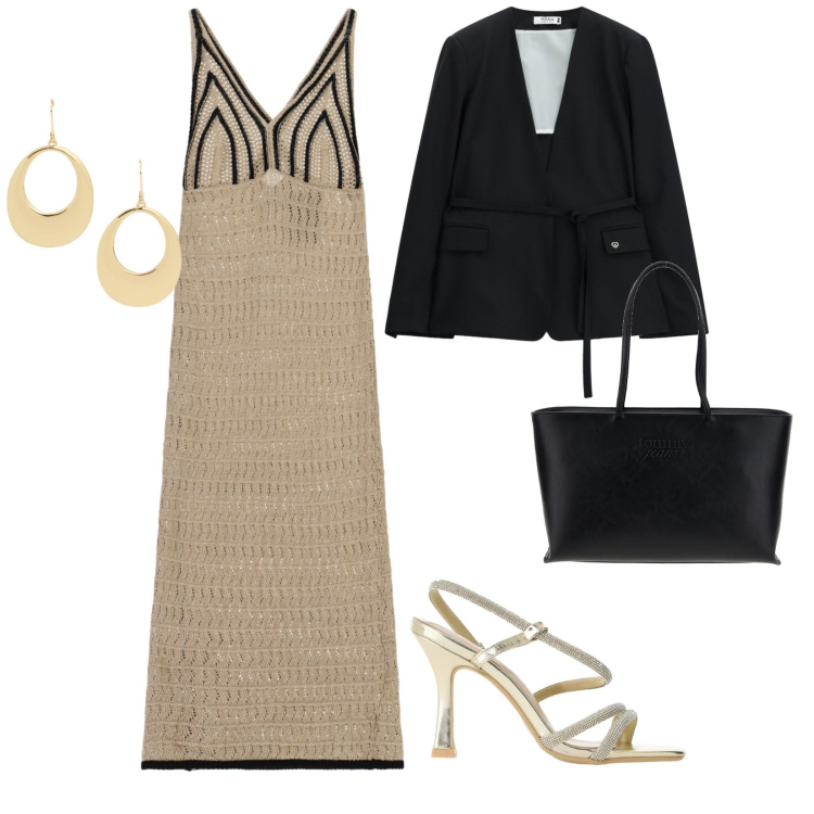 Outfit donna - Please Summer. per Serata fuori. Abbinamento con sandali col tacco, vestiti midi/longuette, blazer, orecchini, borse a spalla.