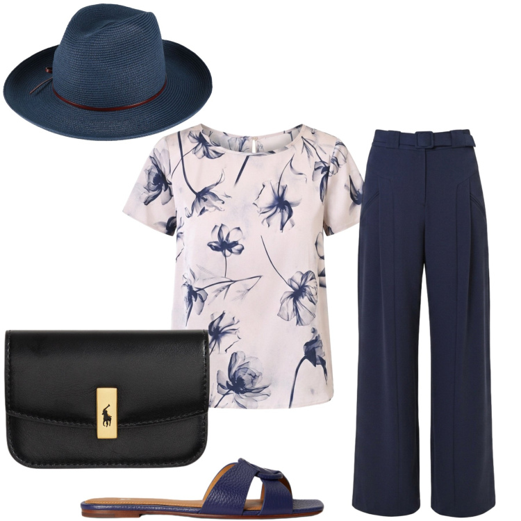 Outfit donna - Total look #2433164. Stile Casual chic per Cerimonia. Abbinamento con cappelli, t-shirt, pantaloni a palazzo, borse a spalla, sandali in pelle.