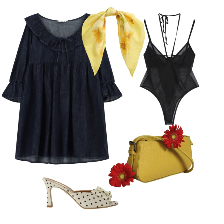Outfit donna - Please Summer. per Serata fuori. Abbinamento con vestiti corti, foulard, borse a spalla, sandali col tacco, body.