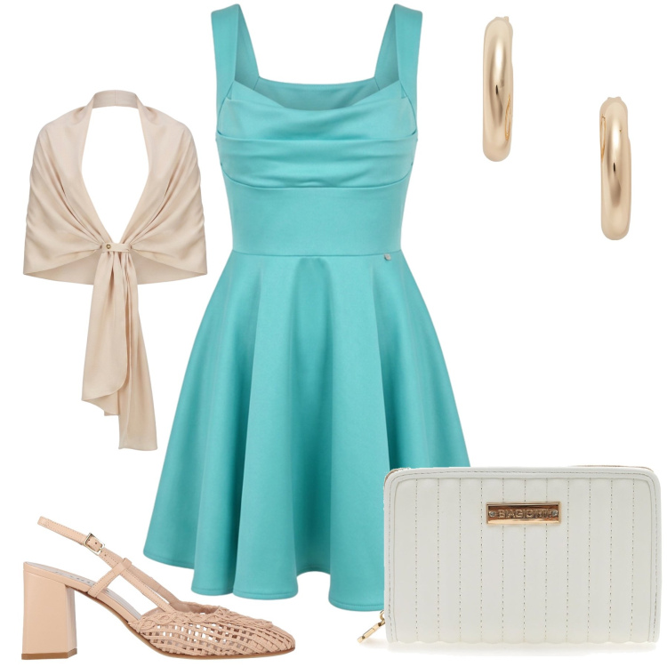 Outfit donna - Total look #2433168. Stile Glamour per Cerimonia. Abbinamento con décolleté, vestiti corti, stole, orecchini, borse a spalla.
