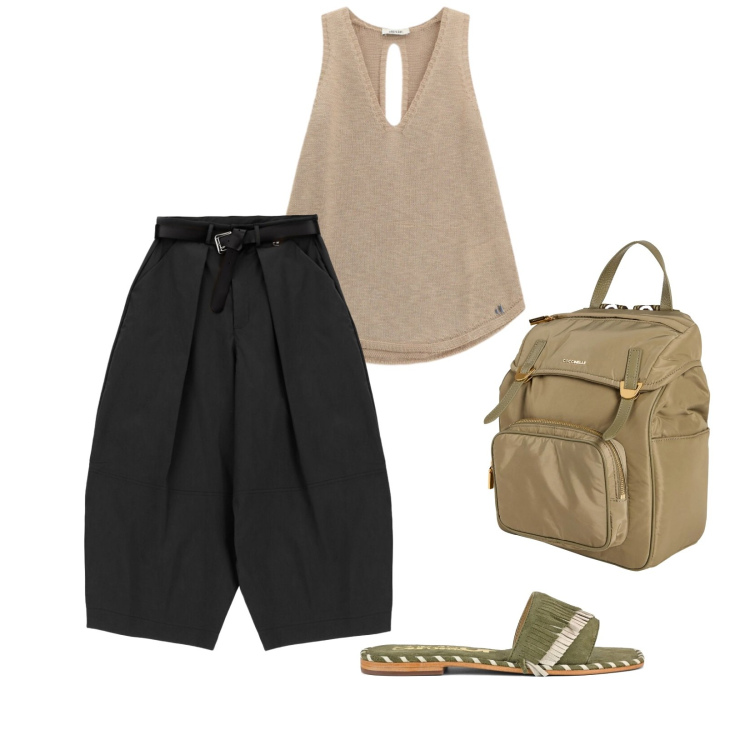 Outfit donna - Vacanza. per Mare. Abbinamento con zaini, top, pantaloni a palazzo, ciabatte.