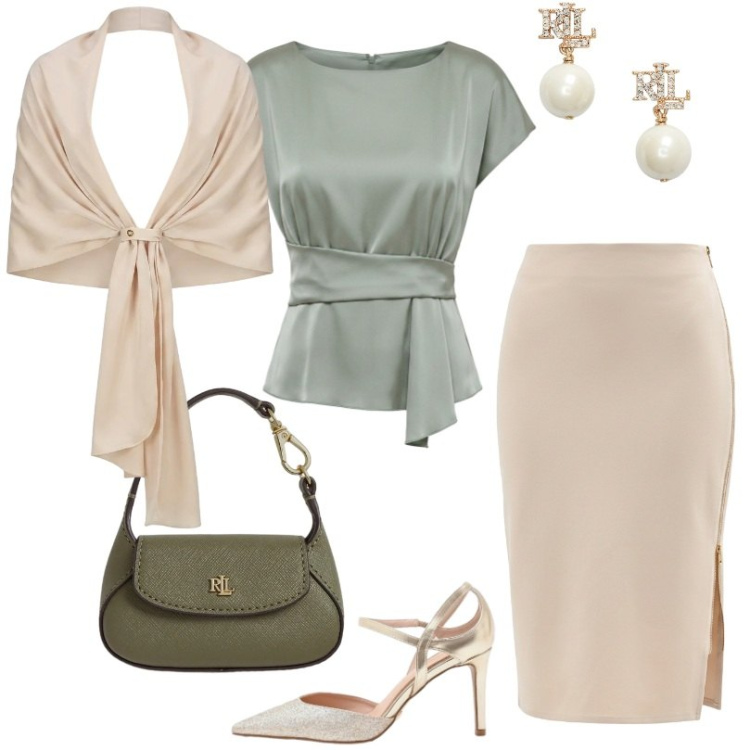 Outfit donna - Beige chiaro e verde salvia. Stile Chic per Cerimonia. Abbinamento con décolleté, gonne longuette, bluse, stole, orecchini, borse a mano.