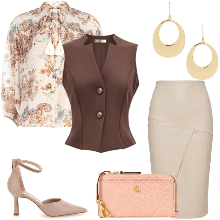 Outfit donna - Total look #2433174. Stile Glamour per Cerimonia. Abbinamento con zaini, bluse, gilet, gonne longuette, orecchini, décolleté.