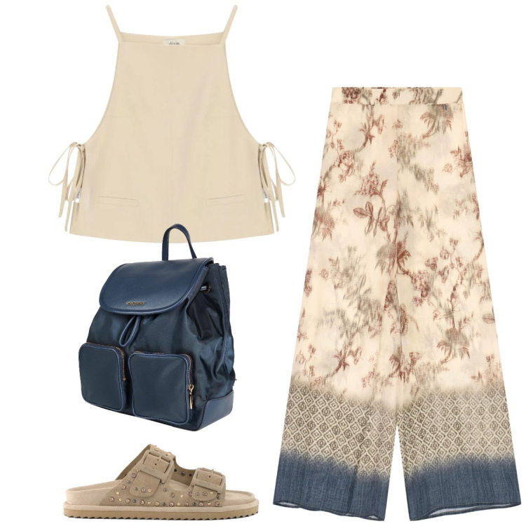 Outfit donna - Total look #2433175. Stile Boho per Tutti i giorni. Abbinamento con zaini, pantaloni a palazzo, top, sandali in pelle.