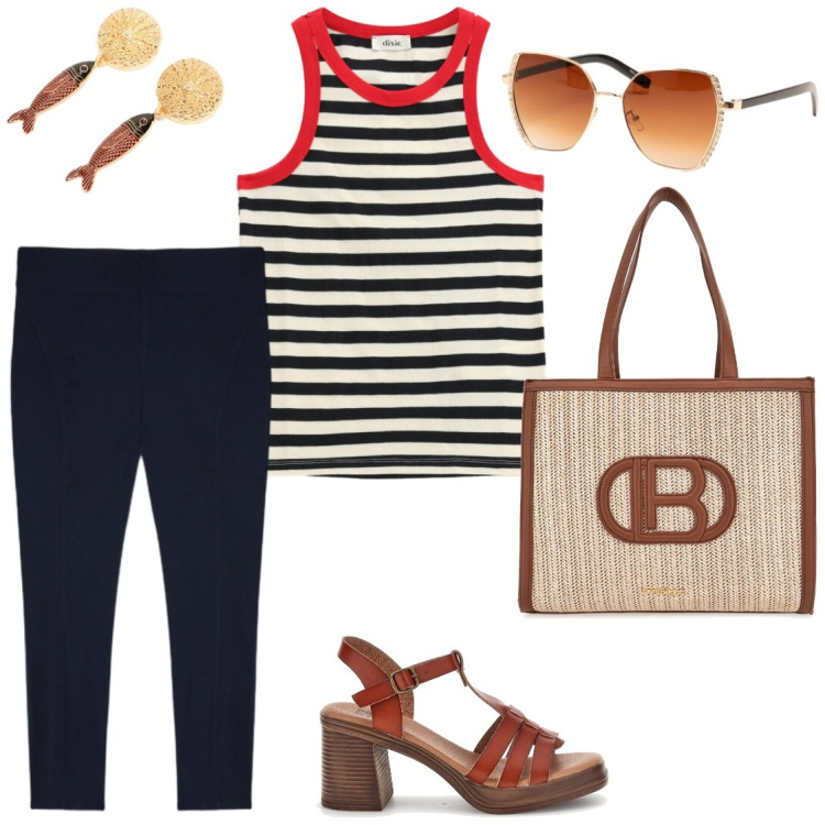Outfit donna - In città come al mare. Stile Casual chic per Tutti i giorni. Abbinamento con top, pantaloni, orecchini, occhiali da sole, borse a spalla, sandali col tacco.