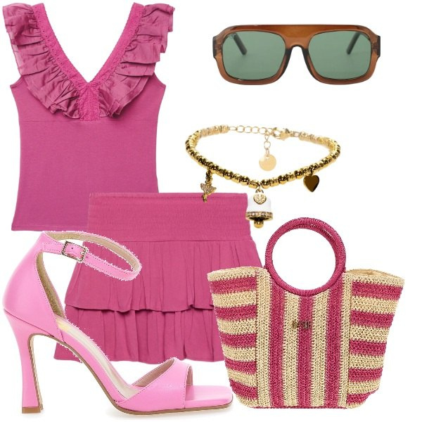 Outfit donna - la borsa intrecciata colorata. Stile Glamour per Tutti i giorni. Abbinamento con top, minigonne, occhiali da sole, braccialetti, sandali col tacco, borse a mano.