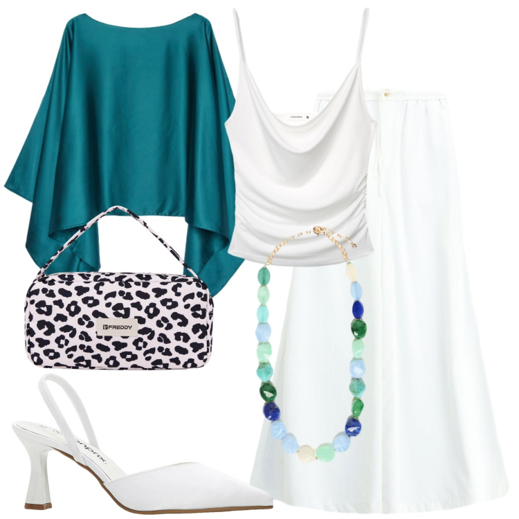 Outfit donna - Chic. Stile Chic per Serata fuori. Abbinamento con décolleté, canottiere, pantaloni a palazzo, collane, cappe, borse a spalla.